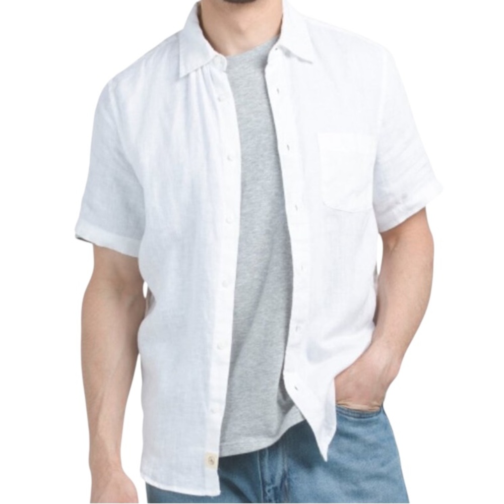 Panama Jack Men’s Linen Shirt Crisp White Button Front Short Sleeve Size Medium